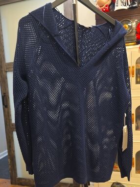 Navy Mesh Hooded Swim Coverup